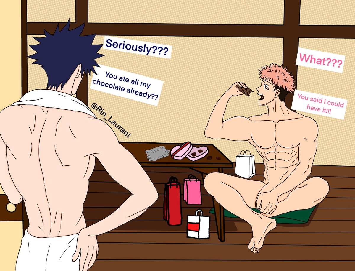 Happy Valentines Day 🍫💝 Megumi and Yuji hanging out after washing up… Megumi got gifted a lot of chocolate…. Yuji might of ate too much 😂