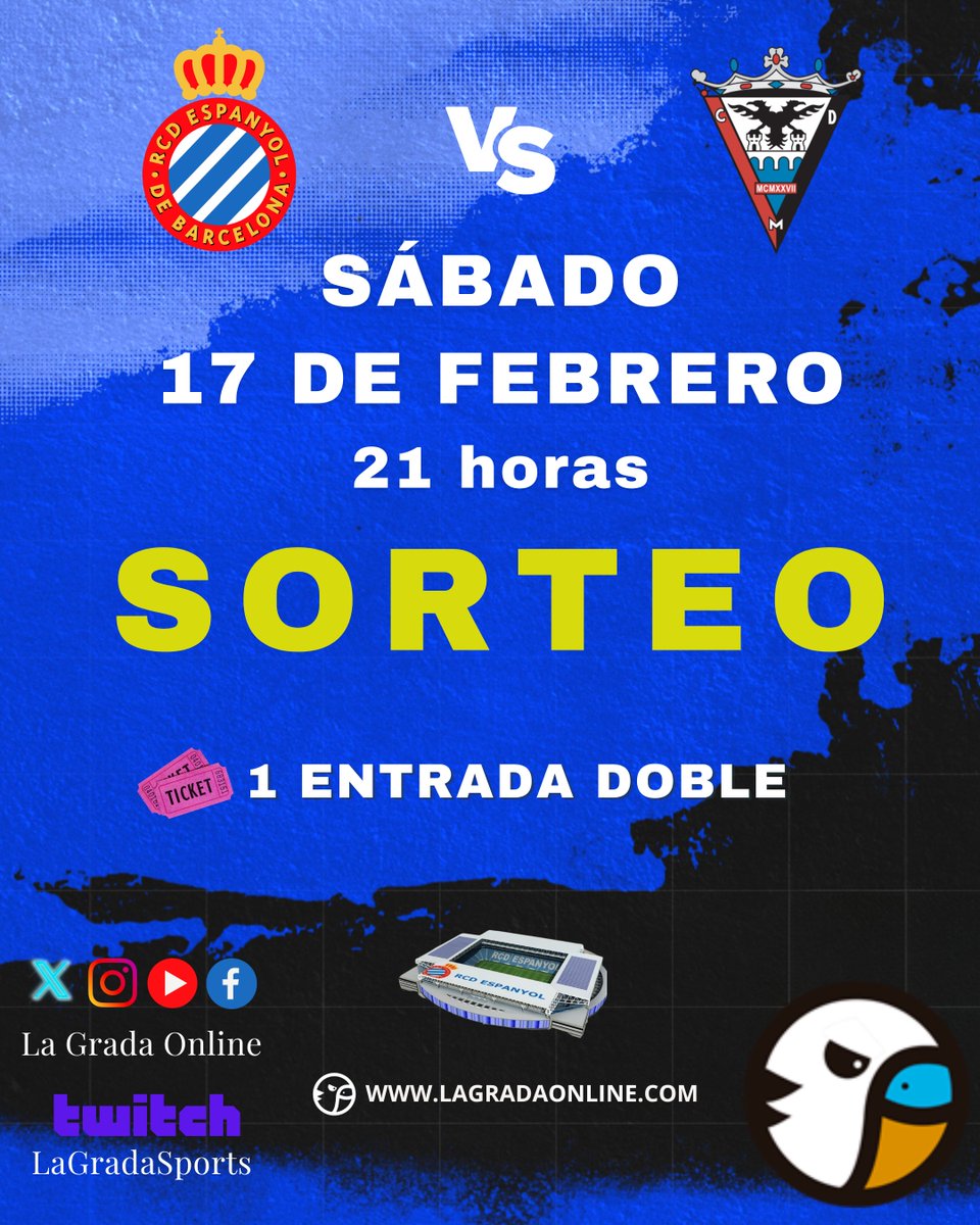 lagradaonline's tweet photo. Sorteamos 1 entrada doble para ir al Espanyol-Mirandés.
📅17 de febrero
🕓 21 horas
🏟️ #rcde 
¿Cómo participar? 
➡️Seguir a @lagradaonline 
➡️Dar RT a esta publicación
➡️@ menciona a 2 personas con las que irías.
💫 El ganador/a, el viernes a las 20 horas. https://t.co/5mxqfBXHdl