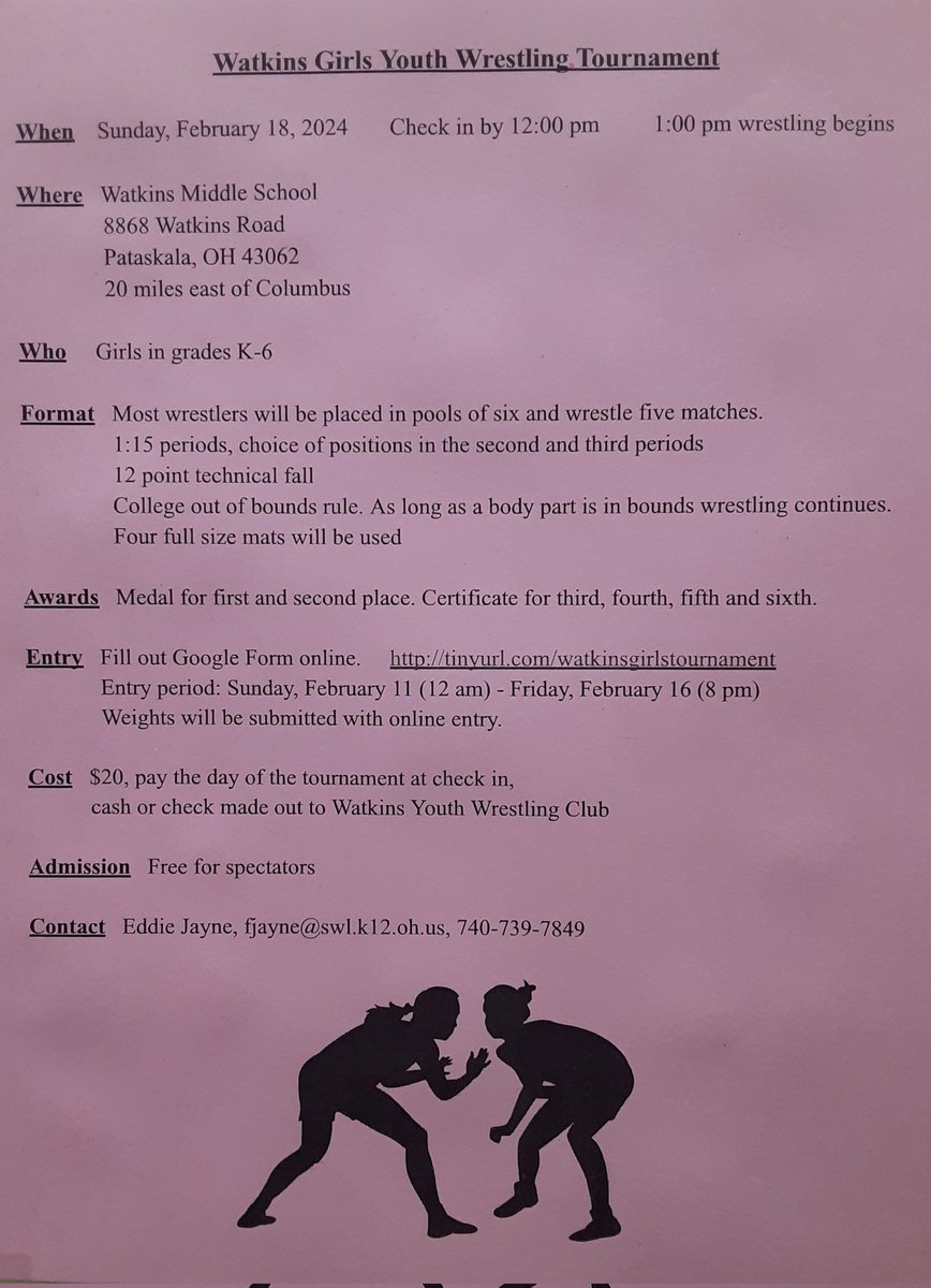 Watkins Girls Youth Wrestling Tournament 
Sunday, February 18
At Watkins M.S.
Register online by 8:00pm Friday, February 16