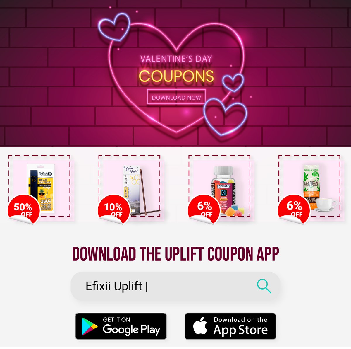 Feeling stressed for Valentine's Day? Don't worry, we've got you covered! 💘 Dive into the best CBD deals and grab your coupon on the Efixii Uplift app for a calm and romantic evening. Cheers to love and relaxation! 💕#ValentinesDay #CBDLove #EfixiiUplift efixii.io/coupons-market…