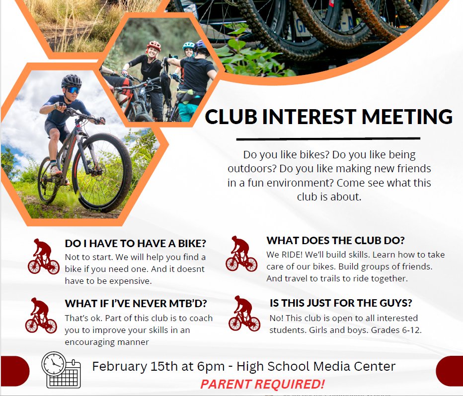 A Reminder to any of our 6th through 12th Grade Students interested in joining a Manchester Mountain Bike Club, there is an Organizational Meeting taking place tomorrow, Thursday, February 15, 2024 beginning at 6:00 p.m. in the Manchester Jr./Sr. High School Media Center!