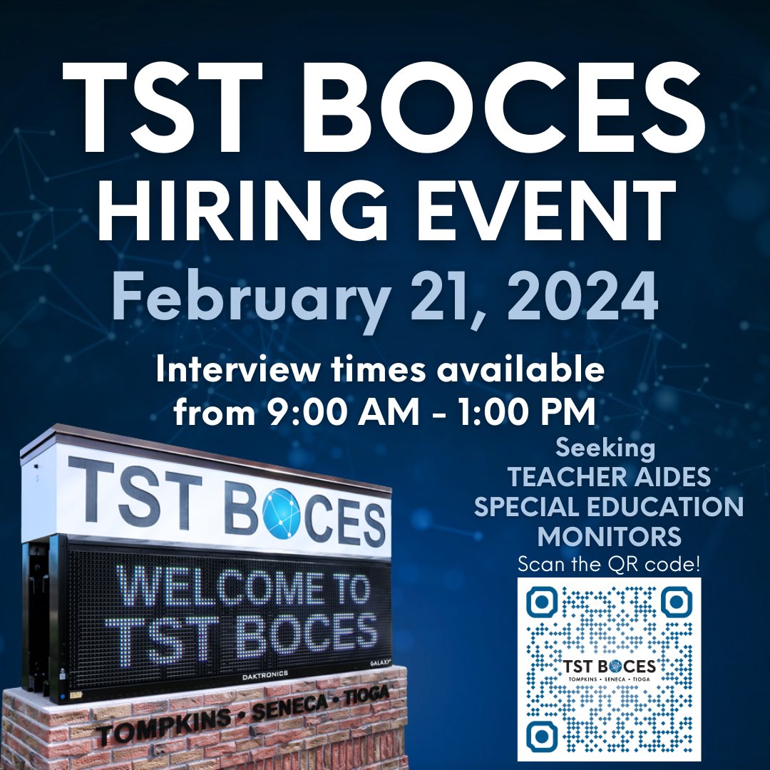 🌟 TST BOCES Hiring Event – February 21, 2024 🌟 Positions Available: 🔹 Teacher Aides 🔹 Special Education Monitors 🔹 Substitutes Secure your spot for open interviews by filling out the quick and easy form: docs.google.com/forms/d/e/1FAI…