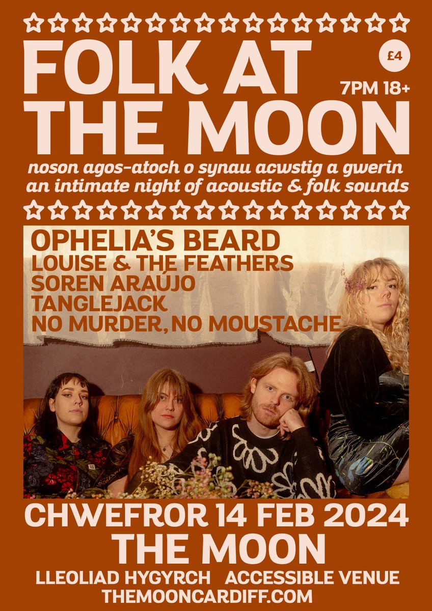Set times for tonight's lovely show - our monthly event Folk At The Moon features a huge range of acoustic &amp; folk sounds:

7.30pm NO MURDER, NO MOUSTACHE
8.05pm SOREN ARAÚJO
8.40pm TANGLEJACK
9.15pm LOUISE &amp; THE FEATHERS
10.00pm OPHELIA'S BEARD

£4 entry card/cash from 7pm