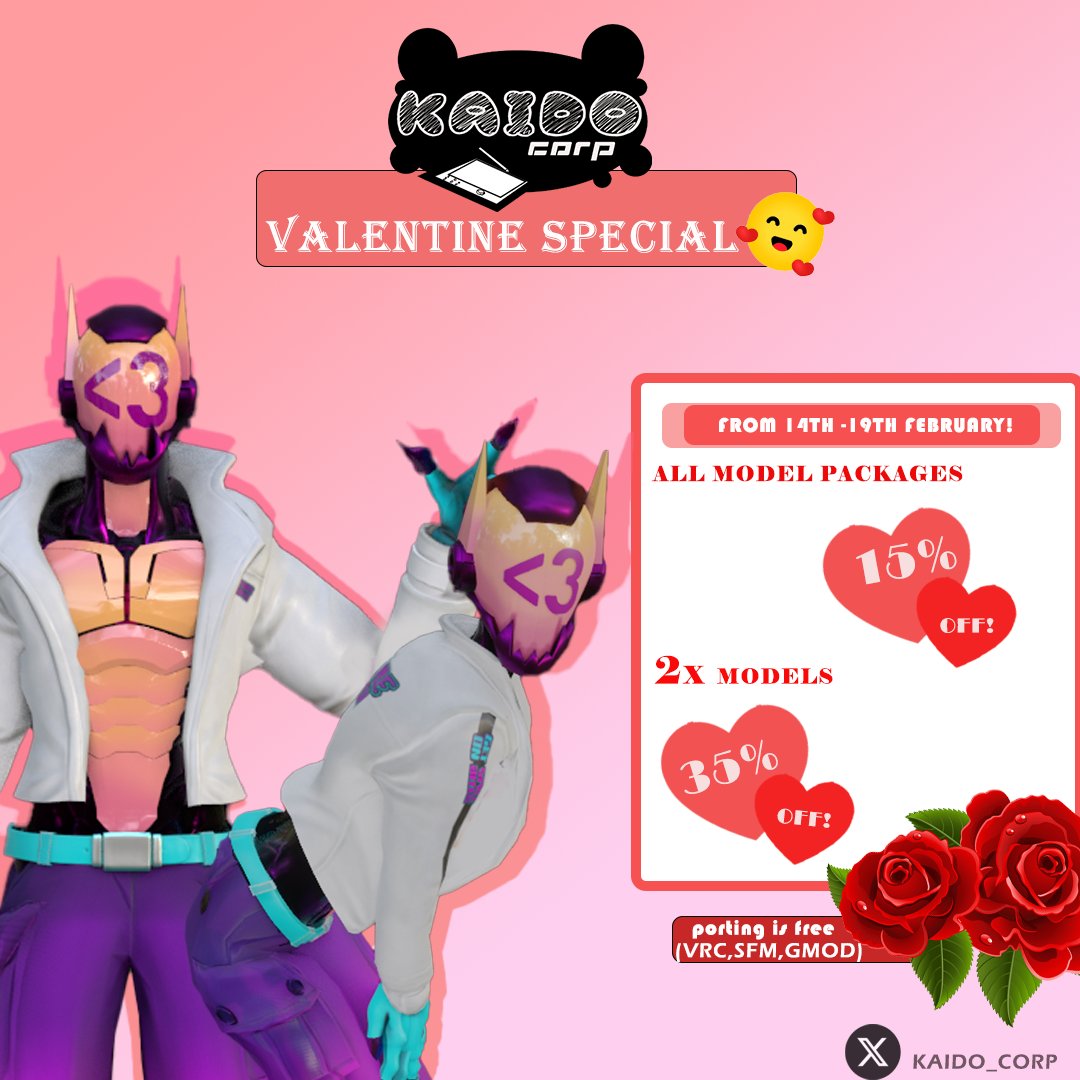 Hey Fren's.
wishing y'all a happy Valentines day. As a way to show our appreciation we're opening our Valentine Discounts from the 14th -19th of February.
 Tag your frens who need one or both😊
#vrchatavatar #SFM #tf2 #gmod #ValentineLoveZNN #valentinediscount #commissionsopen