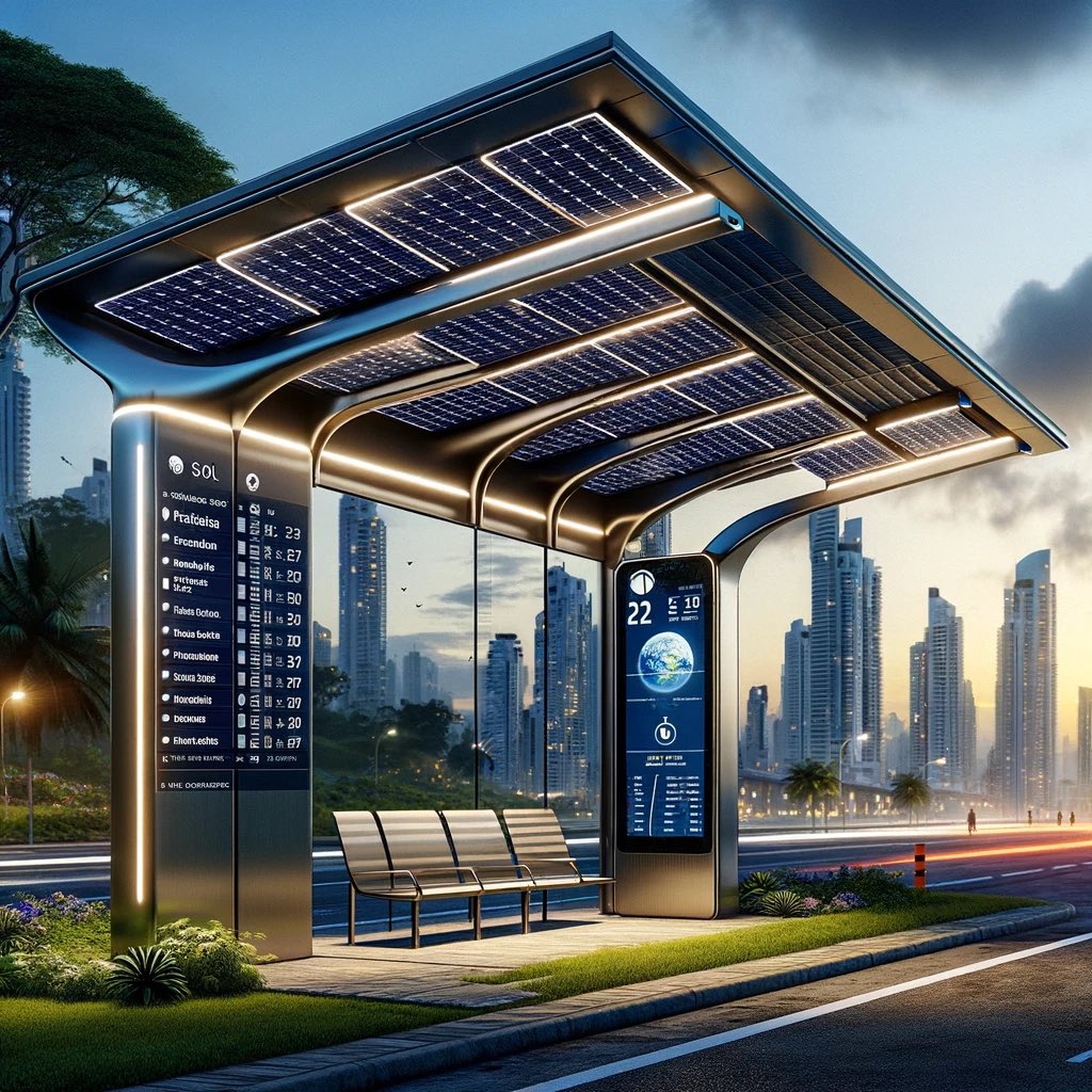 Mayer's tweet photo. Paradas de buses modernas con iluminación, paneles solares y pantallas que muestran rutas y en cuanto tiempo llega el siguiente bus. https://t.co/6zVYKUDctW