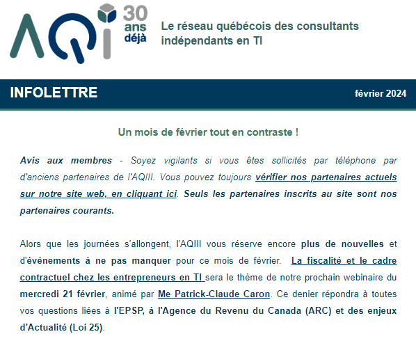 📰 Retrouvez les dernières nouvelles de l’#AQIII et de son écosystème dans l'#infolettre du mois de février : 🔵 Un nouveau partenaire de diffusion 🔵 Votre participation au concours MESDAMES WEB 🔵 Les différents webinaires organisés par l'AQIII etc.. 👉vu.fr/mHsPc