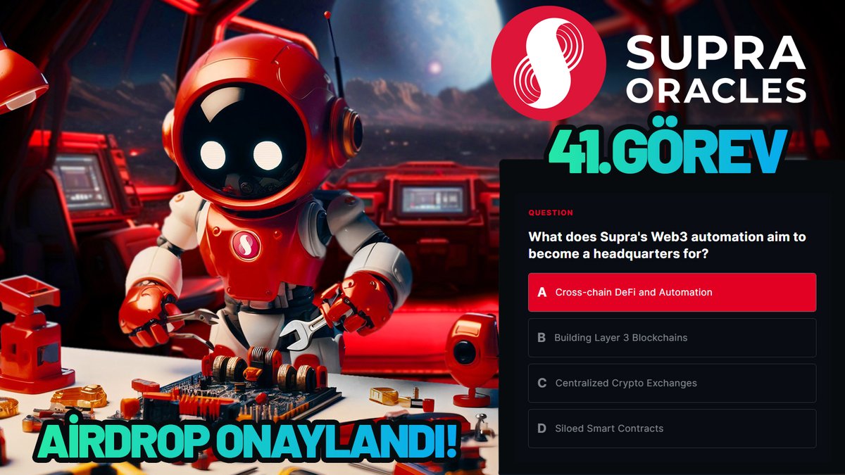 isnotberlin's tweet image. ⚡️ #SupraOracles  41. Görev!

Herkese merhaba,

SupraOracles 41.Görevi cevapları yine 3 tane sizin cevap hangisiyse lütfen onu seçin:

▪️ Cross-chain DeFi and Automation

▪️ It integrates natively into Supra&apos;s Layer 1, oracle, and HyperNova

▪️ With Supra’s natively integrated…