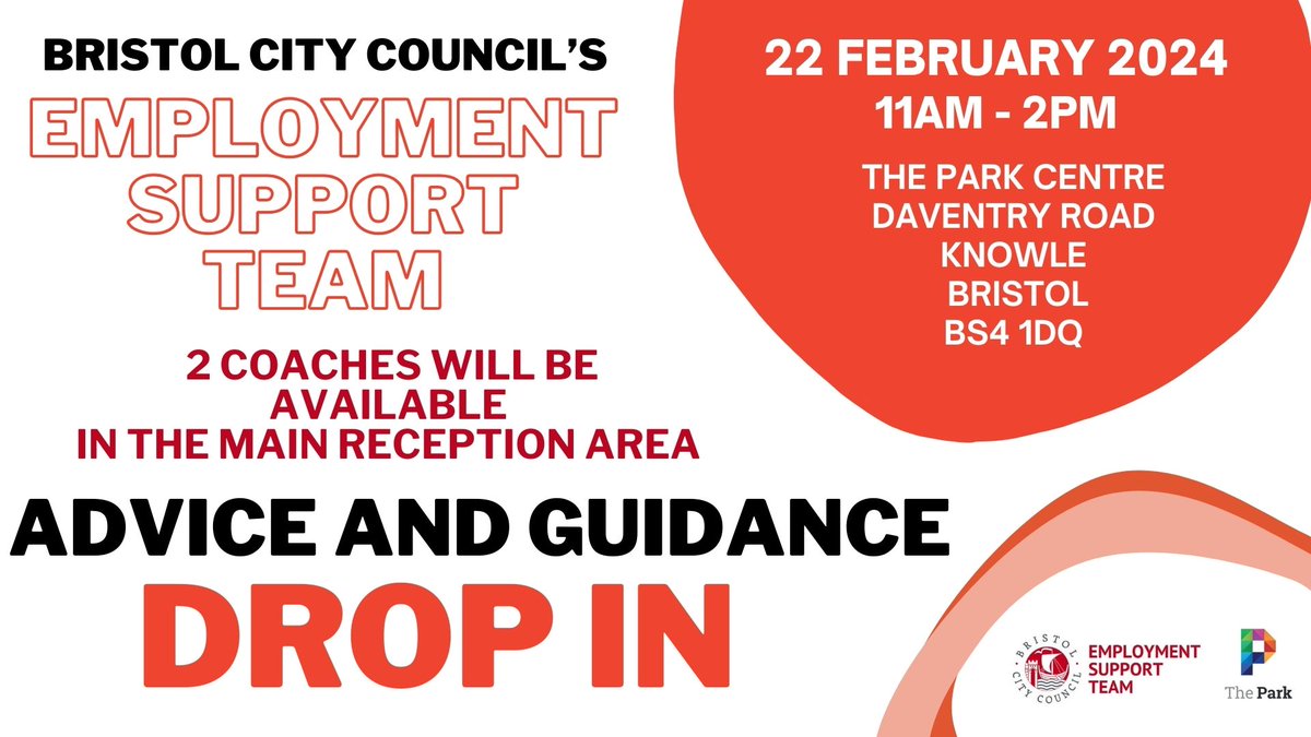 Drop-in support session at <a href="/theparkknowle/">The Park Centre</a> by <a href="/BristolCouncil/">Bristol City Council</a>'s Employment Support Team
Join us on 22 Feb, 11 - 2 to talk to our experienced Career Coaches about tailored support for you!
Open to anyone looking for employment help. Let's have a chat about your career goals 🙌