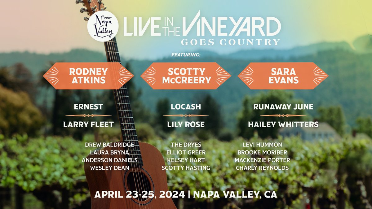 Live In The Vineyard Goes Country (@liveinvineyard) on Twitter photo 🎶 IT'S HERE! 🤠
Introducing our lineup coming to #LITVGoesCountry presented by <a href="/VisitNapaValley/">Visit Napa Valley</a>!
Headlining this dynamic roster of country stars are <a href="/ScottyMcCreery/">Scotty McCreery</a>, <a href="/RodneyAtkins/">Rodney Atkins</a>, and <a href="/SaraEvansMusic/">Sara Evans</a>.
Stay tuned for more! 😉 🎶 IT'S HERE! 🤠
Introducing our lineup coming to #LITVGoesCountry presented by <a href="/VisitNapaValley/">Visit Napa Valley</a>!
Headlining this dynamic roster of country stars are <a href="/ScottyMcCreery/">Scotty McCreery</a>, <a href="/RodneyAtkins/">Rodney Atkins</a>, and <a href="/SaraEvansMusic/">Sara Evans</a>.
Stay tuned for more! 😉