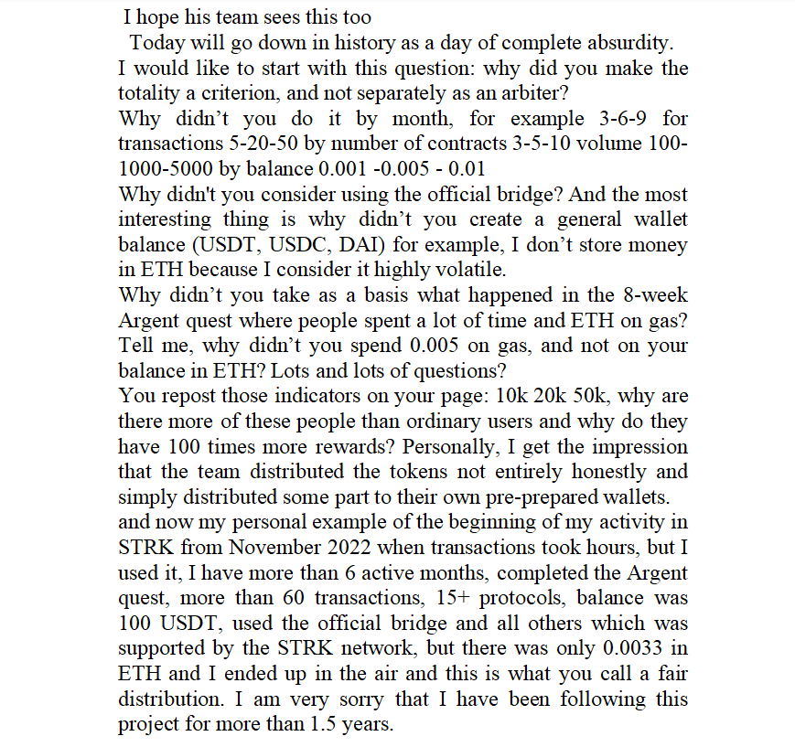 Dimas_20_3372's tweet photo. I hope @Starknet   and his team @jdiegooliva @EliBenSasson  see this. 
  Today will go down in history as a day of complete absurdity.
I would like to start with this question: why did you make the totality a criterion, and not separately as an @arbitrum ? #Starknet $STRK https://t.co/NdgMgcHAbR