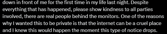 ronimow9's tweet photo. read it

FUCKING READ IT

this is her second time asking us just to be kind. You can be angry at the corpo all you want but harassing other people is so fucking unnecessary.

please, I beg of you to just stop. I just want everything to be normal again. https://t.co/hqmzc3TaG7