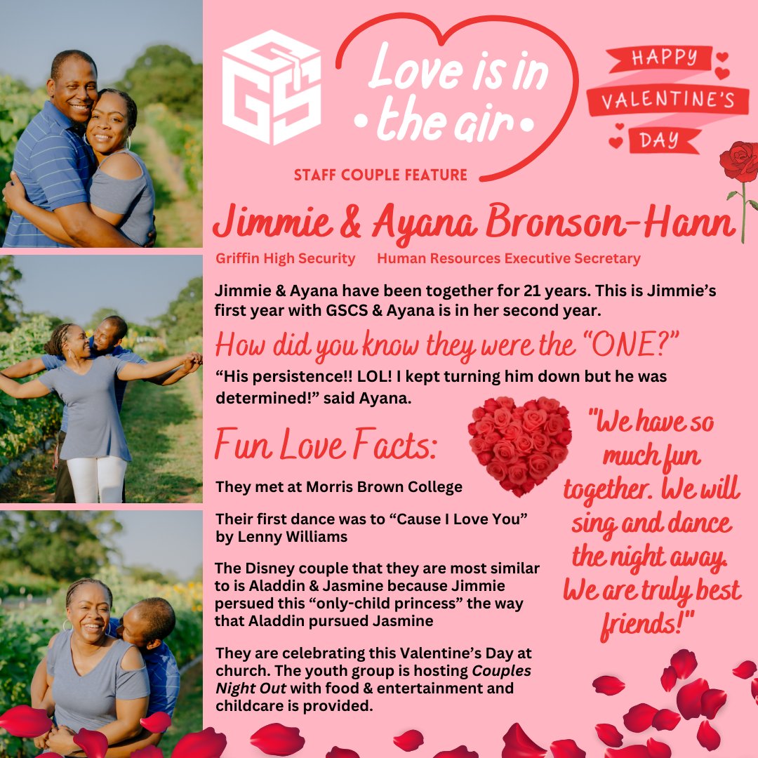It is Valentine's Day &amp;❤️is in the air with <a href="/GriffinSpalding/">Griffin-Spalding K12</a> staff couple Jimmie &amp; Ayana! 🥰 Though Ayana thought she would marry an NFL star...she made the right choice and married her best friend! But they do spend hours together playing 2K4 Basketball on the PS5!🏀