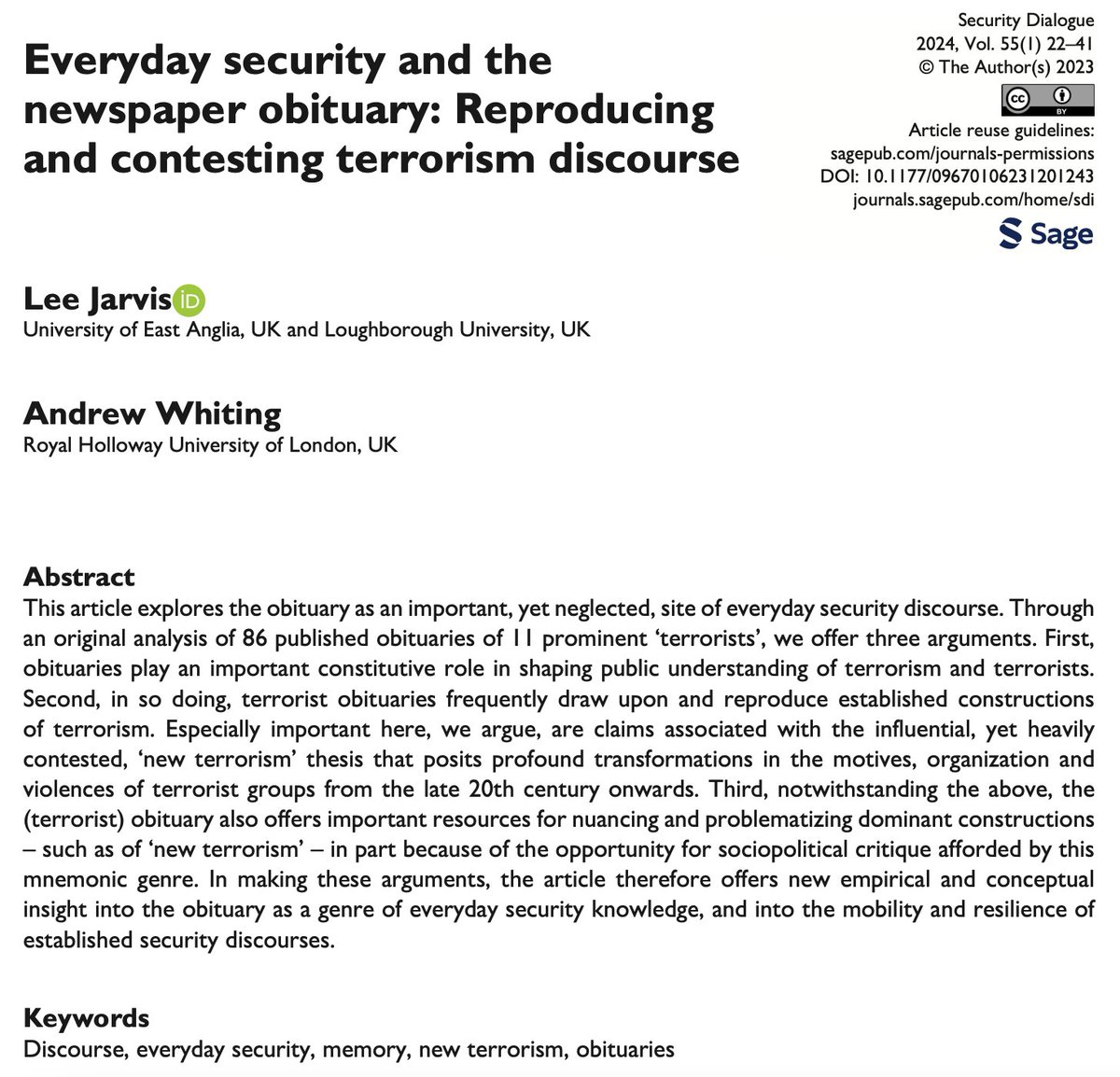 Thrilled to see our article on everyday security and terrorist obituaries published in the new issue of @SecDialogue complete with page numbers and everything! Check it out - open access - here: journals.sagepub.com/doi/full/10.11…