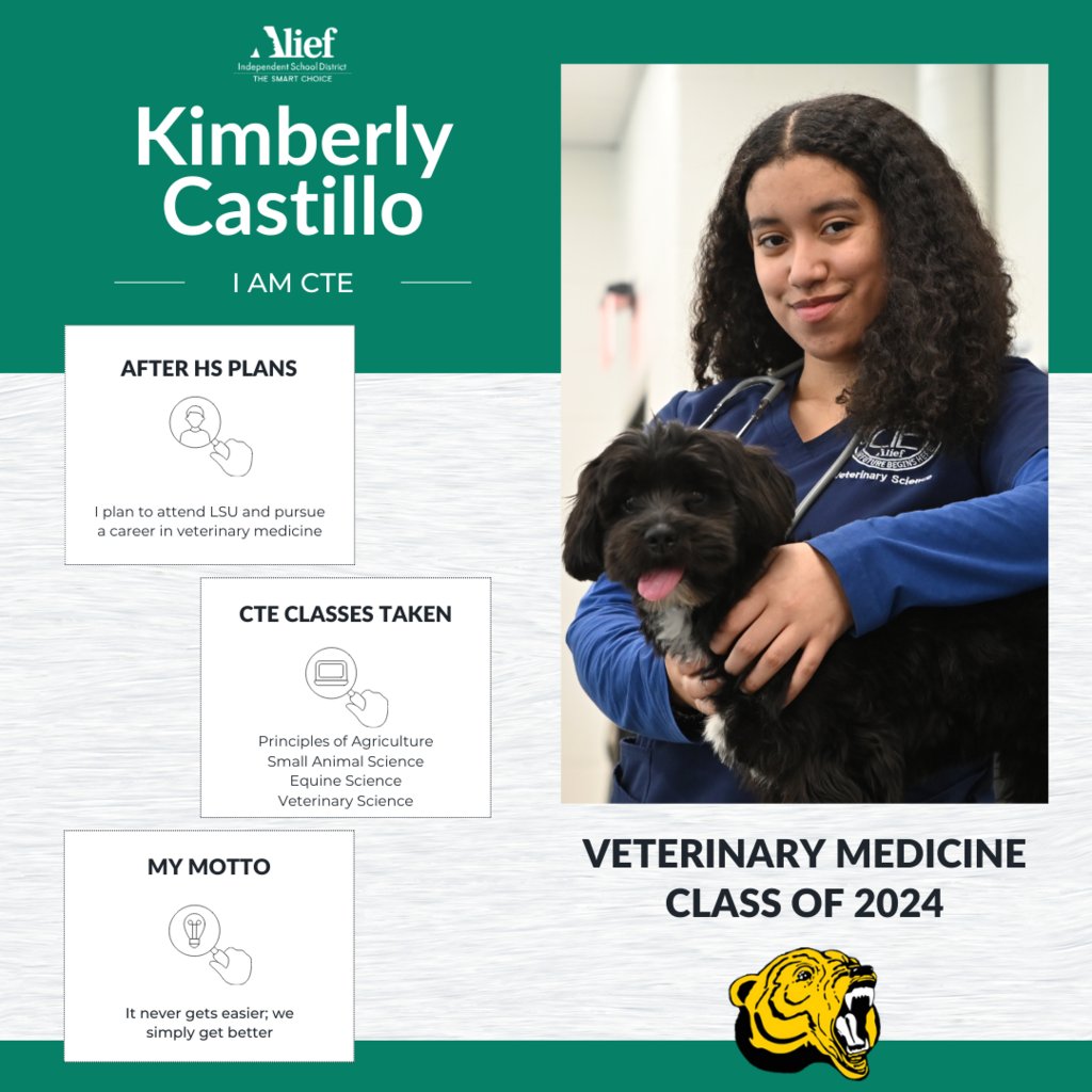 Meet Kimberly Castillo from <a href="/ElsikHighSchool/">Elsik High School</a> who represents <a href="/AliefCTE/">AliefCTE</a> in fabulous ways. She plans to attend <a href="/LSU/">LSU</a> after high school to pursue veterinary medicine &amp; with a motto of "it never gets easier; we only get better", we have not doubt, she will accomplish all of her goals!