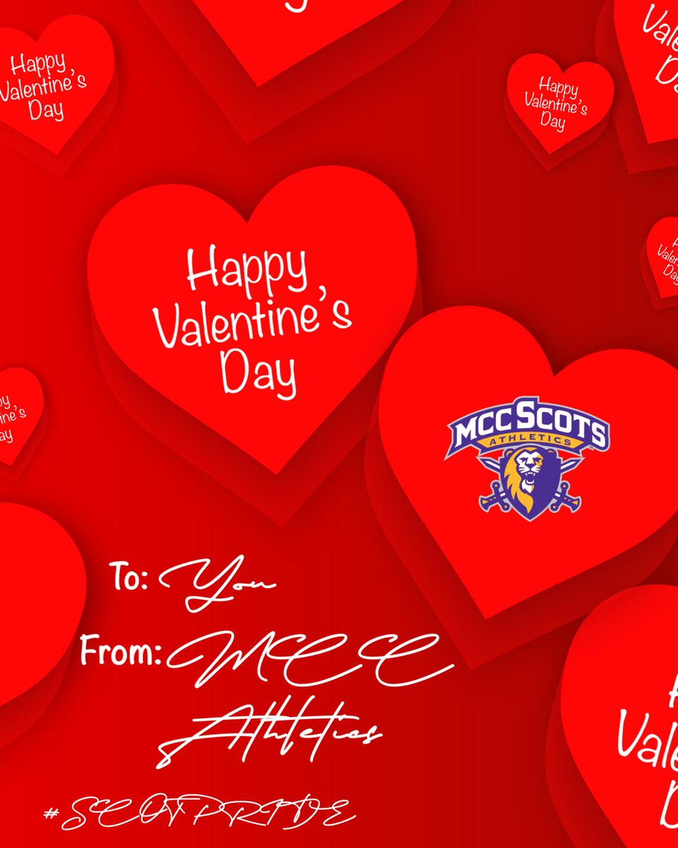 MCCScots's tweet photo. Simply put WE "Heart" you! Happy Valentines day to all that watch and contribute to MCC Athletics! #ScotPride! #weheartyou #Valentine'sday https://t.co/mHXlwKJmEo