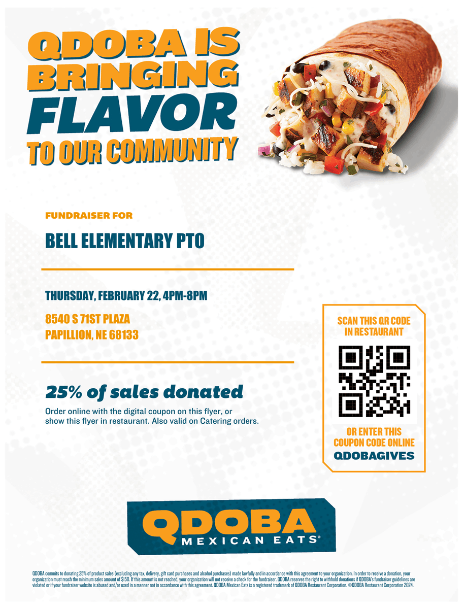 BellElementary's tweet image. Bell Cook's Night Out at Qdoba!
February 22 from 4-8, 8540 S 71st Plaza
25% of sales donated to Bell PTO
