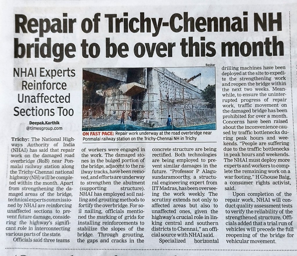 #Trichy-#Chennai NH traffic may resume normalcy by Feb end. 
Works underway to reopen damaged RoB near Ponmalai railway station. @timesofindia