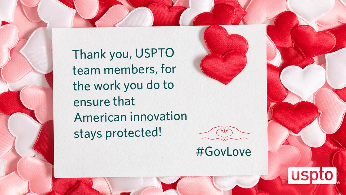 USPTOjobs's tweet photo. Happy Valentine's Day! We're pretty smitten with our 13,000+ colleagues who are driving inclusive American innovation.  

#TeamUSPTO, this #GovLove is for you! https://t.co/jkZf22Hu7f