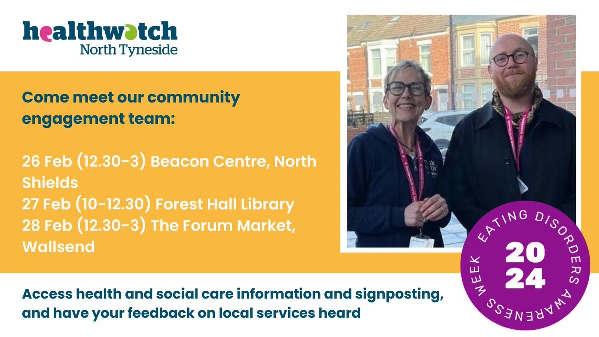 Meet our @HWNTyneside community engagement team for #health & #socialcare information & signposting, and share your feedback on local services 26 Feb (12.30-3) Beacon Centre #NorthShields 27 Feb (10-12.30) #ForestHall Library 28 Feb (12.30-3) The Forum Market #Wallsend