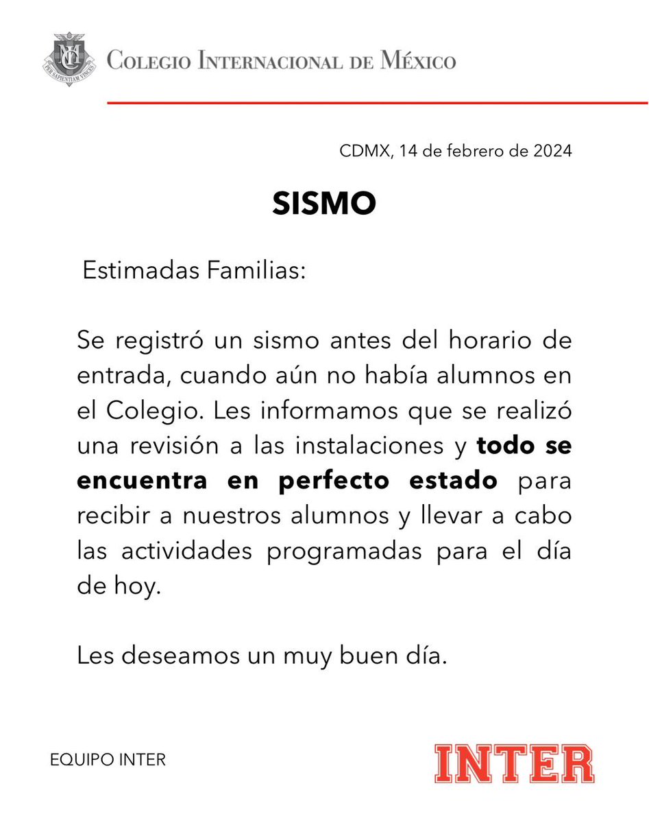 El Colegio aplicó el protocolo de revisión después del #microsismo registrado por la mañana, y no se encontró ningún daño, por lo que las actividades se llevarán a cabo de la manera habitual. Les deseamos un excelente día. 

#InterMx #ComunidadINTER #Sismo