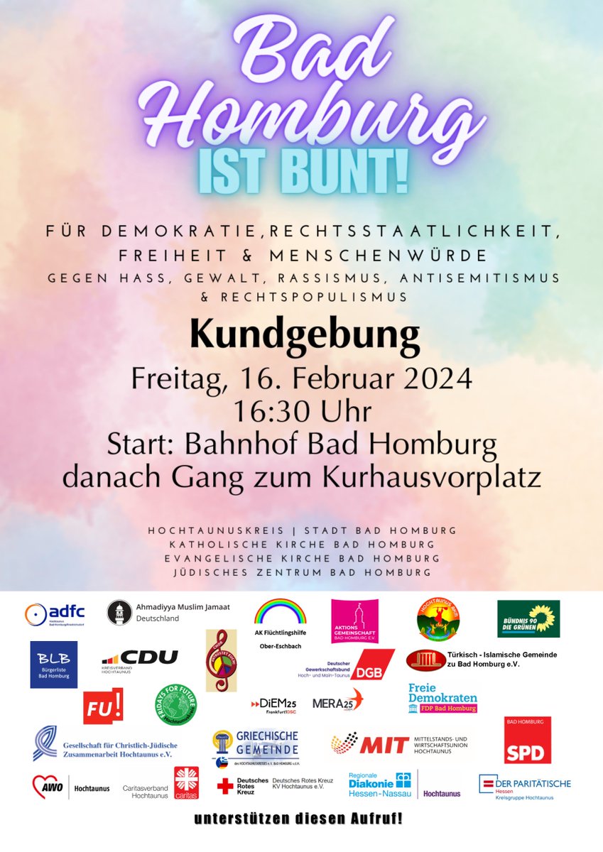 Wegen der Kundgebung „Bad Homburg ist bunt“ kann die Bushaltestelle „Kurhaus“ am Freitag, 16. Februar 2024, von 16 bis ca 19 Uhr nicht angefahren werden. Auf der Strecke vom Bahnhof über Basler Straße-Marienbader Platz-Ferdinandstraße-Louisenstraße kann es zu Behinderungen kommen