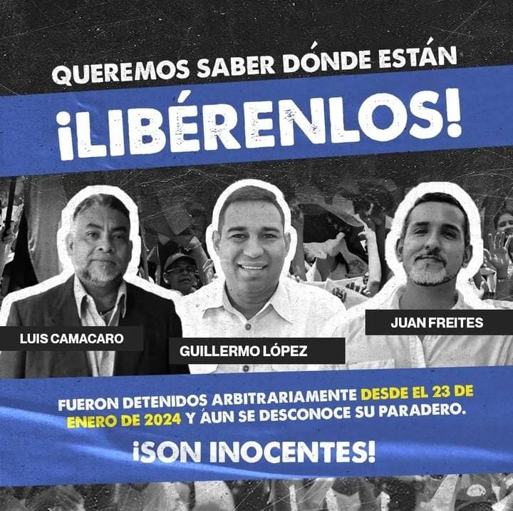 📢¡Luchar por una Venezuela libre y democrática no es delito! 

Juan Freites, Luis Camacaro y Guillermo López son venezolanos de bien que han trabajado para lograr la libertad de Venezuela, y hoy son víctimas de un #MaduroRepresor sometidos a #DesapariciónForzada desde el 23Ene.