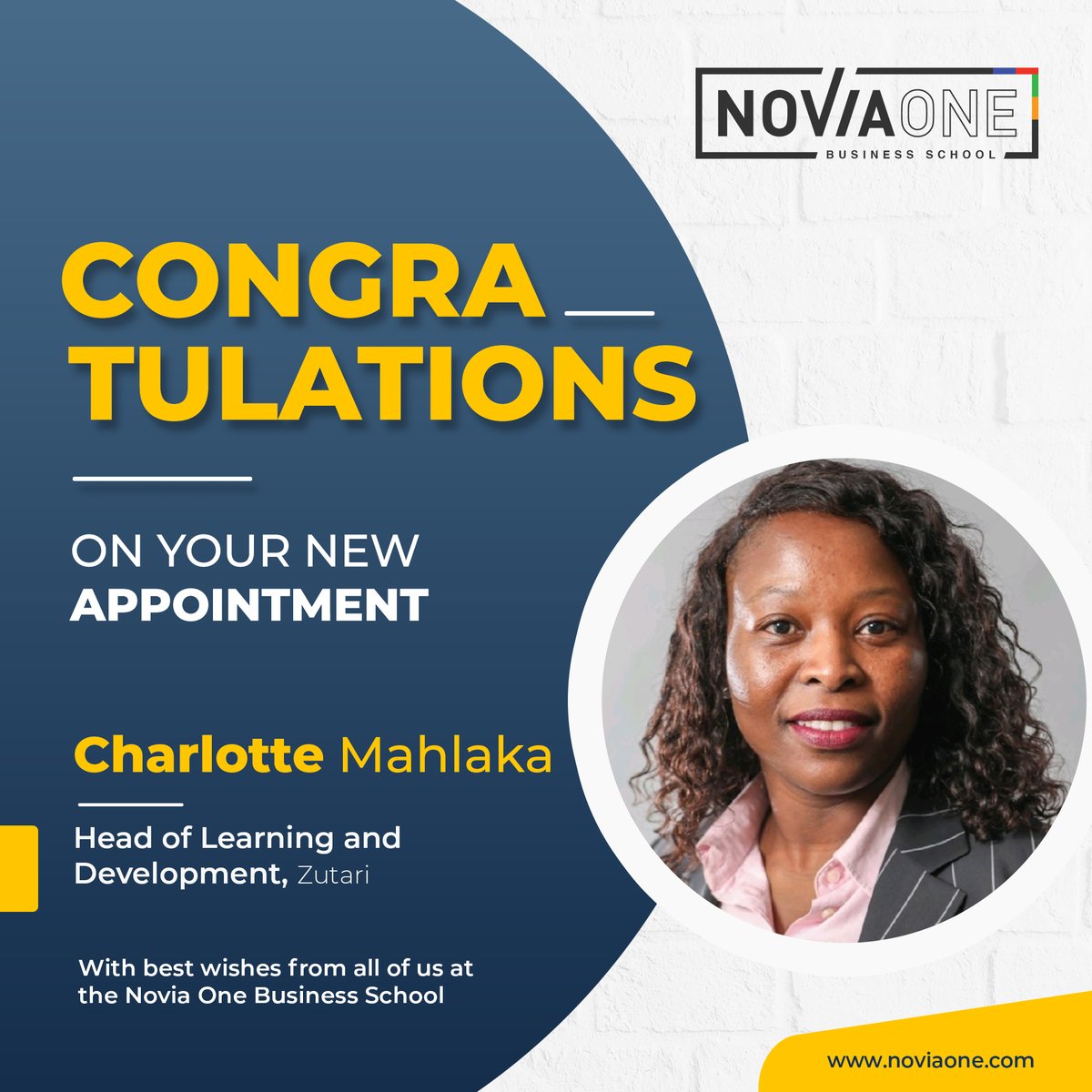 NoviaOneGroup's tweet photo. We extend our sincerest congratulations to Charlotte Mahlaka on her recent appointment to the position of Head of Learning and Development at Zutari. 

#learninganddevelopment #newappointment #congratulations https://t.co/FSnADjrNcr