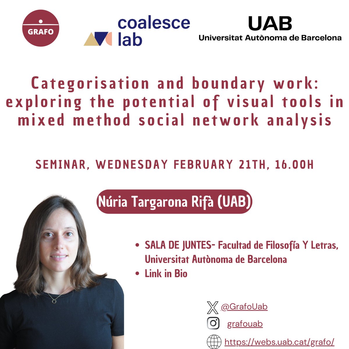 GrafoUab's tweet image. 🗣️GRAFO Seminar, next Wednesday, February 21st
@COALESCELab 
teams.microsoft.com/l/meetup-join/…