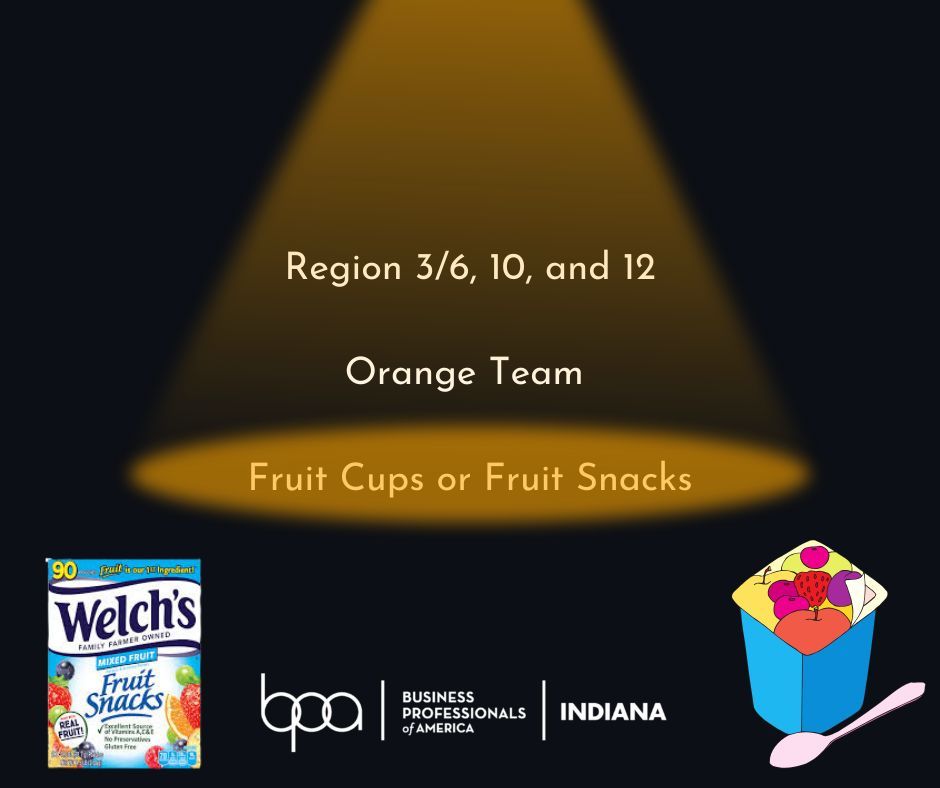 Up next, its Team Orange! Region 3/6, 10, & 12 that's you! We're asking each member from these regions to bring either 6 fruit cups or 6 packs of fruit snacks PER MEMBER. Reach out to your Region President or any local member of the SOLT with any questions. #YearofService #INBPA