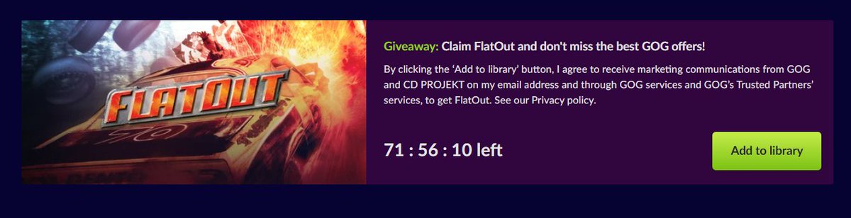 FlatOut is free on GOG bit.ly/3I1USqF

Direct link to redeem on GOG (must be logged in) bit.ly/3VrQoyj