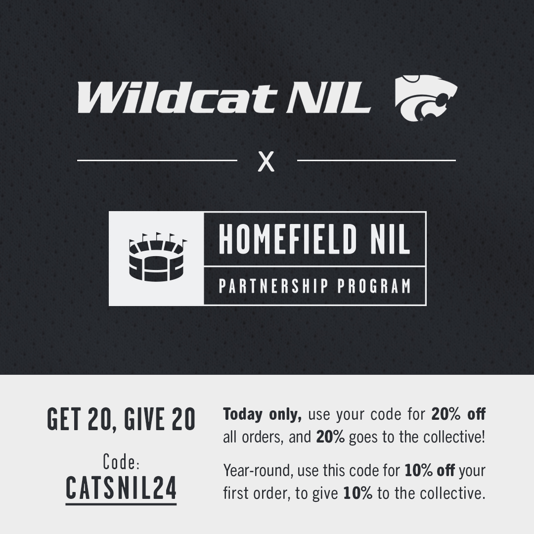 WildcatNIL's tweet photo. K-State Family, our partnership promo with @HomefieldApparl is LIVE!  

All day, K-State fans can enjoy 20% off Homefield apparel simply by using the code CATSNIL24 at checkout.  

Better yet, 20% of all sales will be donated to Wildcat NIL to support K-State student-athletes!

Shop Now: https://t.co/j2aTyqkcQu

#EMAW #KState #WildcatNIL #CATSNIL24