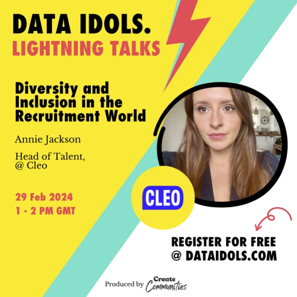 The countdown to our first Data Idols event begins, and we are kicking off with Annie Jackson, Head of Talent at Cleo⚡️⚡️

You don't want to miss this one - sign up for FREE now👇
ow.ly/Cekq50Qzhnr

#DataIdols #Diversity #Recruitment
