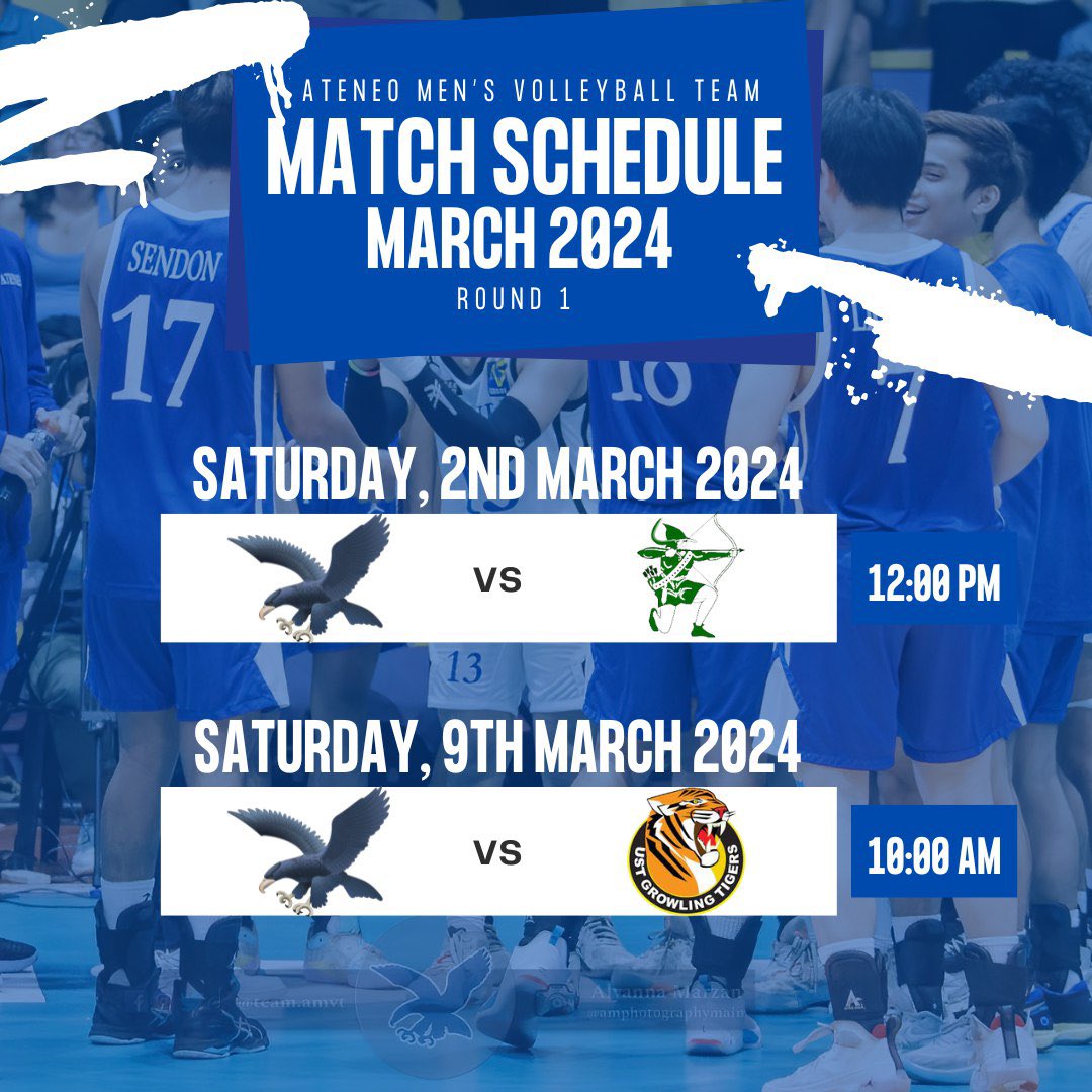 TeamAMVT's tweet photo. Brace for the Blue Storm! 💙

Get ready to witness the Blue Eagles take flight! Join us for an exhilarating journey through Ateneo's UAAP Season 86 Volleyball Matches.

#AMVT #Ateneo
#OneBigFight 
#TeamAMVT https://t.co/ABneJOB9WJ
