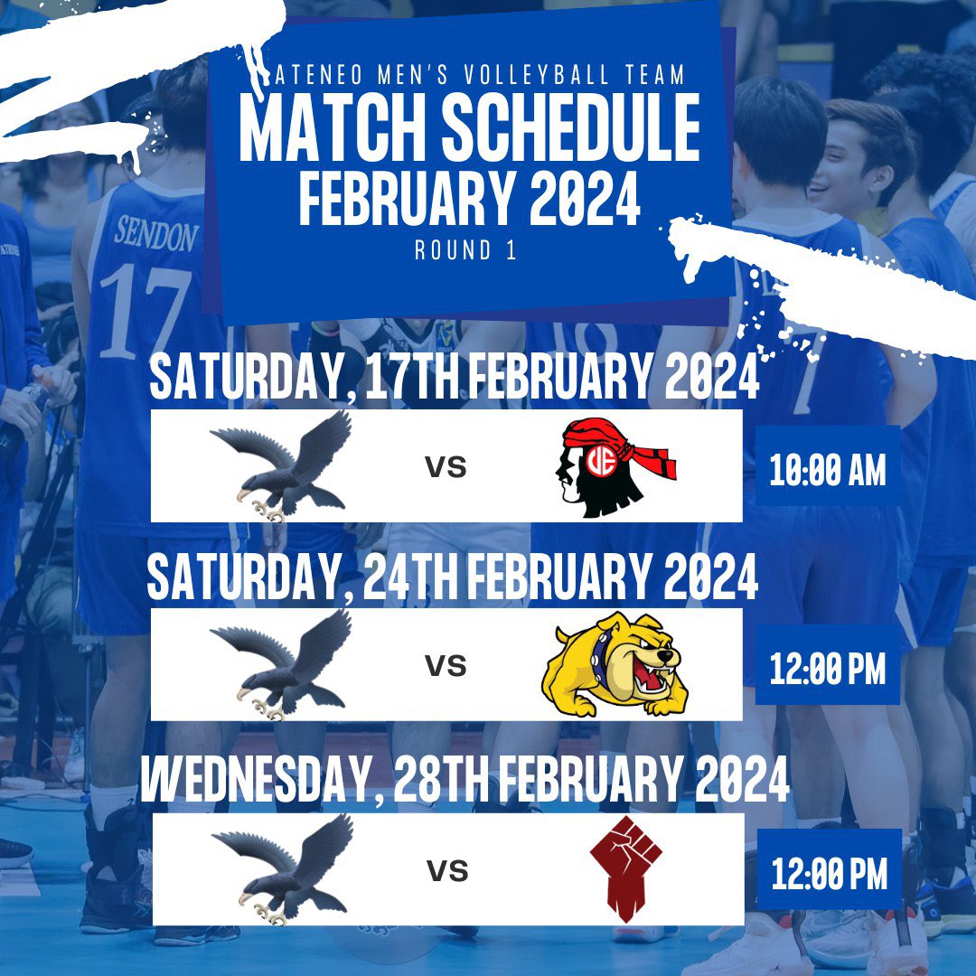 TeamAMVT's tweet photo. Brace for the Blue Storm! 💙

Get ready to witness the Blue Eagles take flight! Join us for an exhilarating journey through Ateneo's UAAP Season 86 Volleyball Matches.

#AMVT #Ateneo
#OneBigFight 
#TeamAMVT https://t.co/ABneJOB9WJ