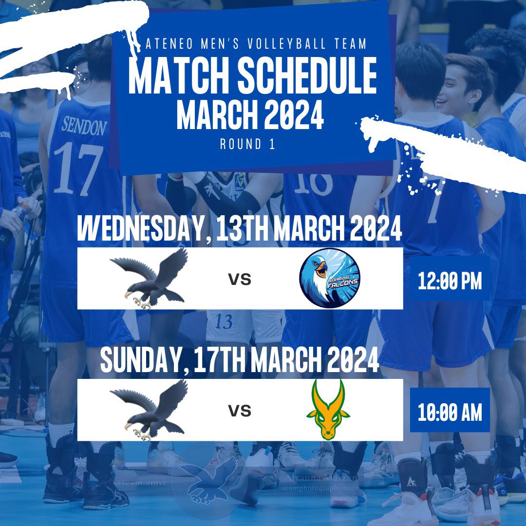 TeamAMVT's tweet photo. Brace for the Blue Storm! 💙

Get ready to witness the Blue Eagles take flight! Join us for an exhilarating journey through Ateneo's UAAP Season 86 Volleyball Matches.

#AMVT #Ateneo
#OneBigFight 
#TeamAMVT https://t.co/ABneJOB9WJ