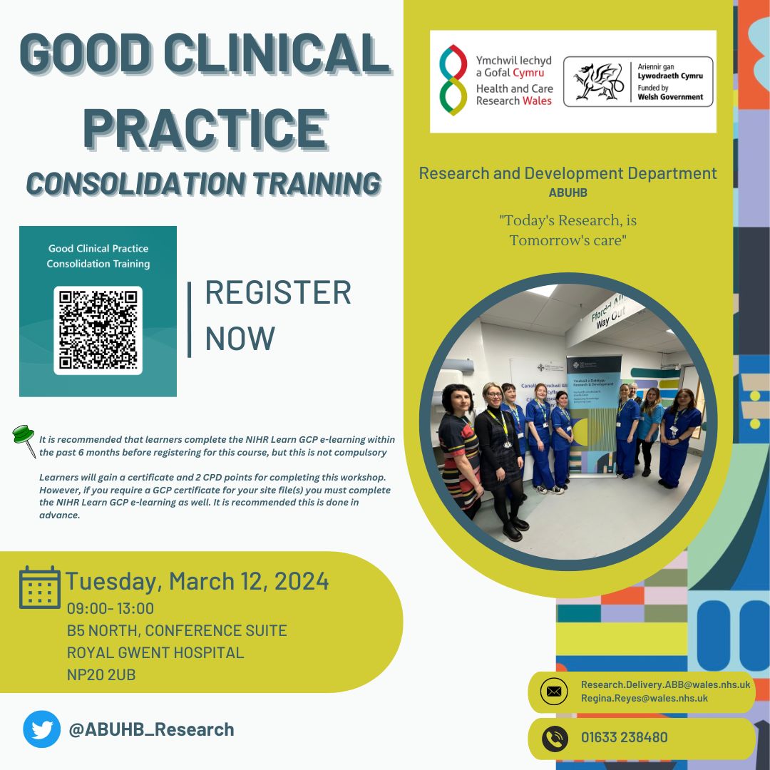 📢 Training opportunity! We are delivering GCP Part B (Consolidation) on 12th March 2024 at the Royal Gwent Hospital @AneurinBevanUHB Please book through the QR code or email us on abb.randd@wales.nhs.uk for more information.