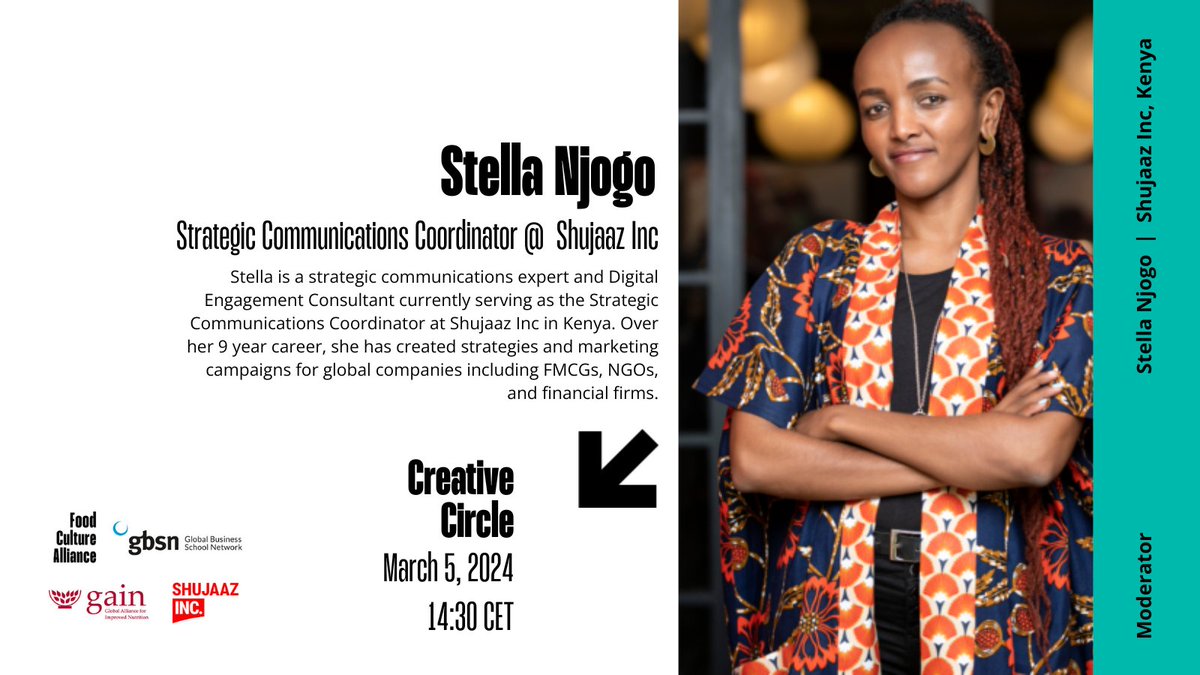 Food Culture Alliance (@foodcultureal) on Twitter photo Join us in welcoming our final Creative Circle moderator, Stella Njogo!🎉
Stella is the Strategic Communications Coordinator at <a href="/ShujaazInc/">Shujaaz Inc</a>.
In her 9 year career she has created strategies and marketing campaigns for global companies including FMCGs, NGOs, and financial firms. Join us in welcoming our final Creative Circle moderator, Stella Njogo!🎉
Stella is the Strategic Communications Coordinator at <a href="/ShujaazInc/">Shujaaz Inc</a>.
In her 9 year career she has created strategies and marketing campaigns for global companies including FMCGs, NGOs, and financial firms.
