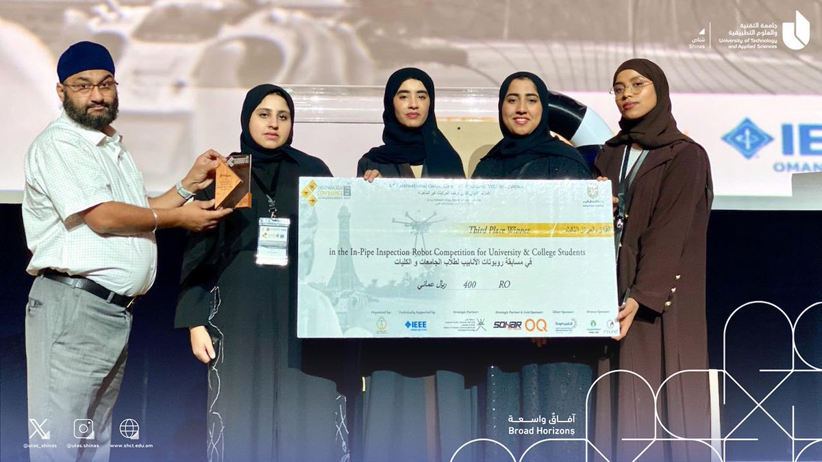 UTAS_Shinas's tweet photo. يسرنا أن نتقدم بالتهنئة لطالباتنا:
نوف الوشاحية
 الزهراء السنانية
مريم الشحية
آمنة الزعابية
عائشة القرطوبية
 لحصولهم على المركز الثالث في مسابقة الروبوتات لطلبة الجامعات والكليات ضمن فعاليات المؤتمر الدولي الثاني لأنظمة المركبات غير المأهولة التي أقيمت في جامعة السلطان قابوس 🌟 https://t.co/w3gk356G1q