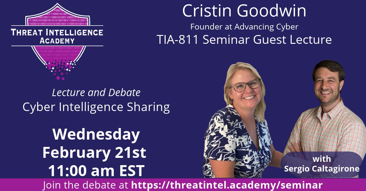 Rescheduled! NEXT WEEK Renowned cyber attorney and policy expert, <a href="/CristinGoodwin/">Cristin Flynn Goodwin</a>, debates about intelligence sharing in public and private sectors. Does it work? Should it be constantly demanded? What else can we do? Join here: hubs.ly/Q02l0MjP0 #cybersecurity #infosec