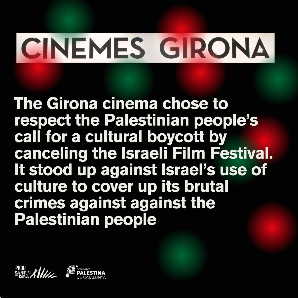 BDS VICTORY! @Cinemes_Girona has chosen to respect the Palestinian people’s call for a cultural boycott by canceling the Seret Israeli Film Festival. 

Cinemes Girona has stood up against Israel’s use of culture to cover up its brutal crimes against the Palestinian people.
