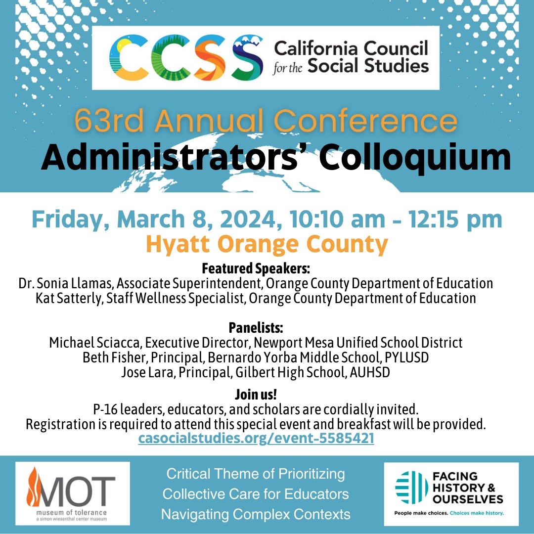 📢P-16 Education Leaders are invited to the @CAsocialstudies Administrators' Colloquium with the critical theme of #CollectiveCare for educators navigating complex contexts, at #CCSS24 with @OCDEhistory @facinghistory @musoftolerance
March 8, 2024
Join us: casocialstudies.org/event-5585421