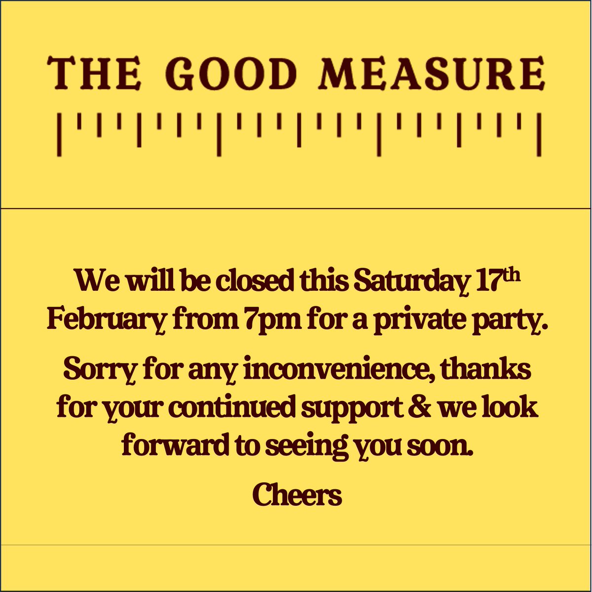 Sorry folks - we will be closed this Sat 17th Feb from 7pm. Sorry for any inconvenience, thanks as ever for your continued support & we hope to see you again very soon. Why not take the chance to pop down to our little sister pub @KingsHeadBS1 for pint!🍻 Cheers, The team @ TGM💛