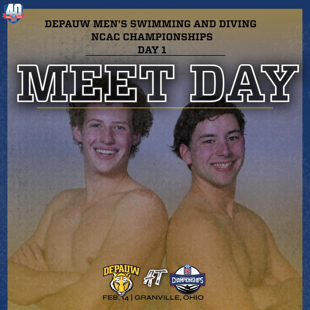 DePauwAthletics's tweet image. It's Meet Day for the @DePauwWswim and @DPUMensSwimming teams! The Tigers travel to Denison today to compete in the @NCAC Swimming &amp;amp; Diving Championships. 

📺: northcoastnetwork.com/denison/ 📈:livestats.denison.edu/swimming/ 

#SwimFast #TeamDePauw #NCAC #d3swim
