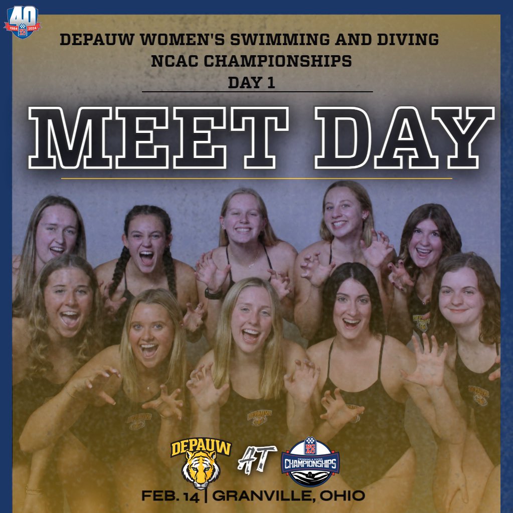 DePauwAthletics's tweet image. It's Meet Day for the @DePauwWswim and @DPUMensSwimming teams! The Tigers travel to Denison today to compete in the @NCAC Swimming &amp;amp; Diving Championships. 

📺: northcoastnetwork.com/denison/ 📈:livestats.denison.edu/swimming/ 

#SwimFast #TeamDePauw #NCAC #d3swim