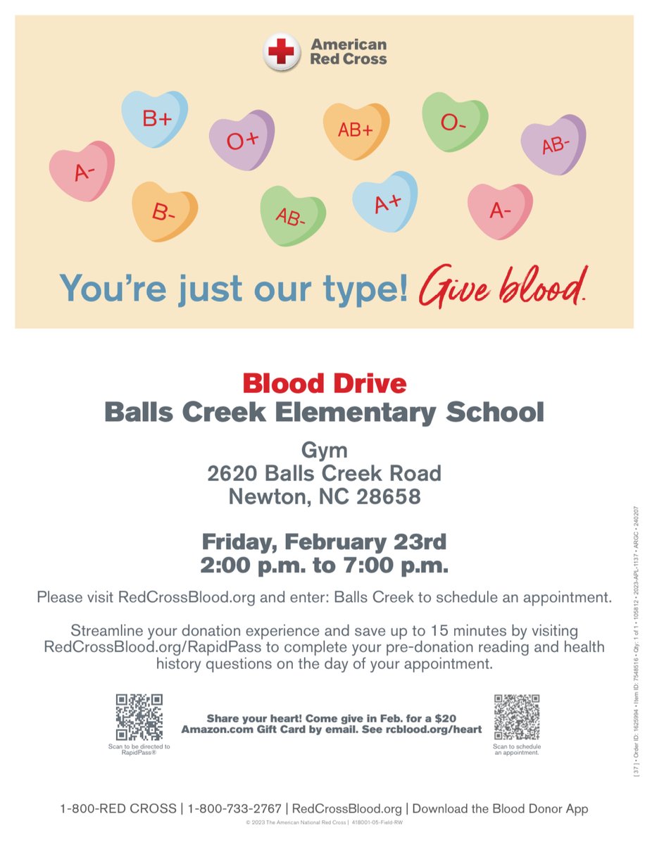 Blood Drive Balls Creek Elementary School Gym 2620 Balls Creek Road Newton, NC 28658 ---- Friday, February 23rd 2:00 p.m. to 7:00 p.m. ----- Please visit RedCrossBlood.org and enter Balls Creek to schedule an appointment.