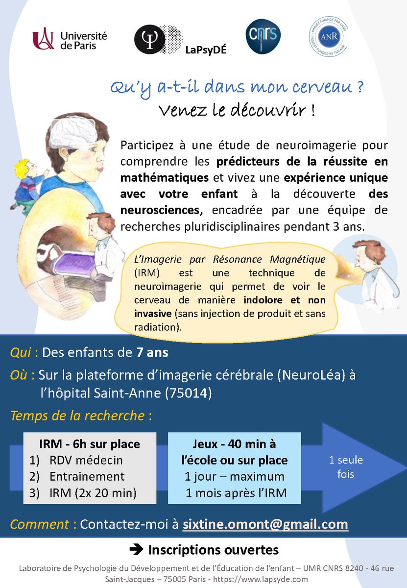 Sixtine_Omont-Lescieux (@sixtine_omont) on Twitter photo Comment les enfants apprennent ils les mathématiques ? 🧠✨💡
Participez à une étude en IRM dans un univers d’astronaute 🚀 pour les enfants de 7 ans.
Contactez-moi (📧 sixtine.omont@gmail.com)
Projet mené par le @LaPsyDE Comment les enfants apprennent ils les mathématiques ? 🧠✨💡
Participez à une étude en IRM dans un univers d’astronaute 🚀 pour les enfants de 7 ans.
Contactez-moi (📧 sixtine.omont@gmail.com)
Projet mené par le @LaPsyDE