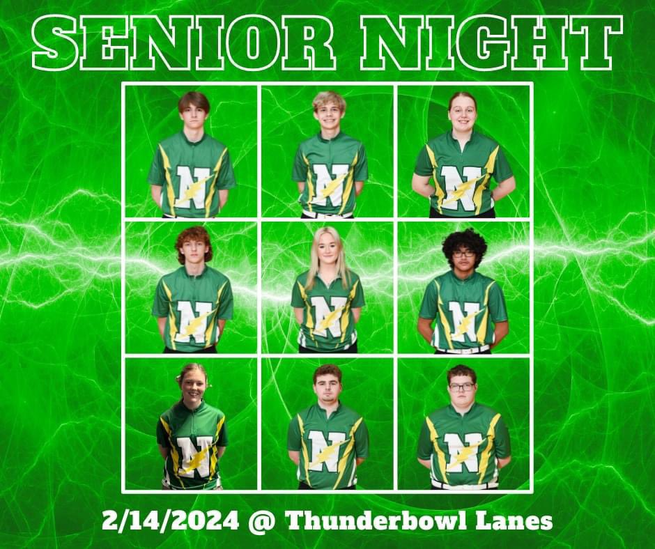 Match Day 🎳
Senior Night for your Northmont Thunderbolts ⚡
Kaylee Fritz
Evelyn Rombke
Erin Kelsey
Carson Peters
Alex Harlow
Devin Sun
Nathan Forrest
Seth Schmaltz
Jaccob Ritenour

vs Springfield Wildcats today 3:45 pm @ Thunderbowl Lanes.
#GoBolts