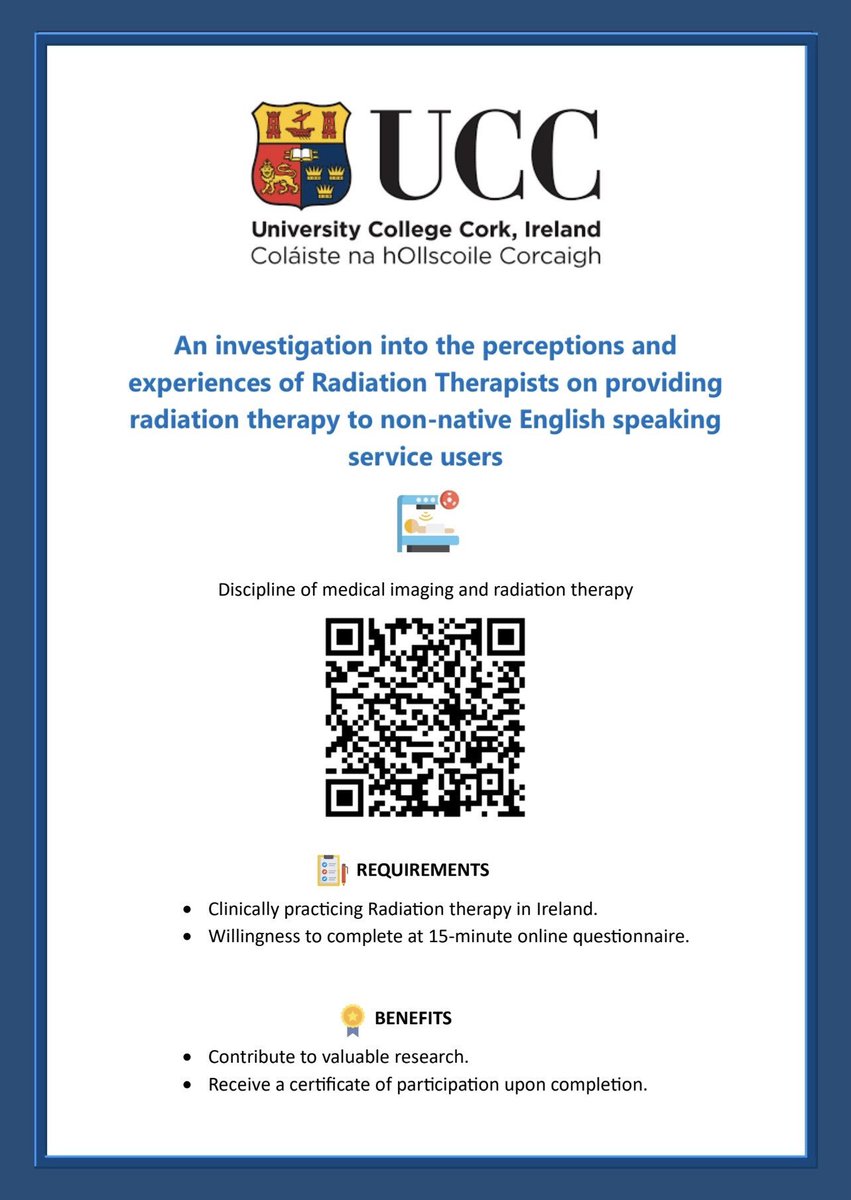 Calling all RT's practicing in Ireland! 
Join my study 'An investigation into the perceptions and experiences of Radiation Therapists on providing Radiation Therapy to non-native English speaking service users.' 

Participate in a brief online questionnaire anonymously!