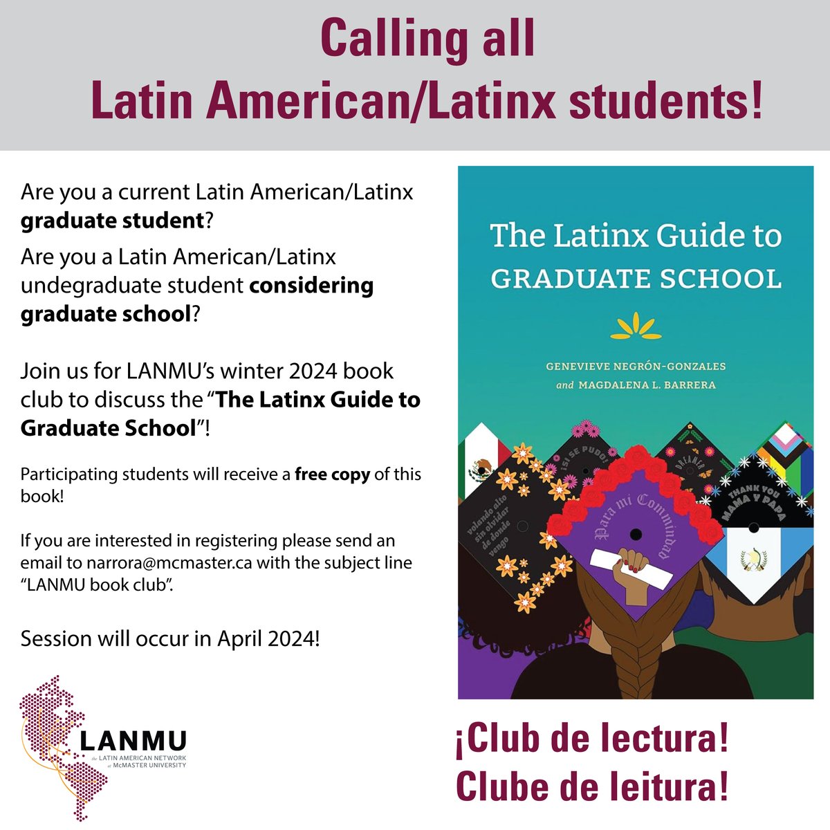 Latin America Network at McMaster University LANMU (@mcmasterlan) on Twitter photo Calling all Latin American/Latinx students at <a href="/McMasterU/">McMaster University</a>!
We are launching a book club to discuss "The Latinx Guide to Graduate School"
Participating students will get a FREE copy of the book!
We ask that you share widely with any interested students!
#LatinAmericaAtMac Calling all Latin American/Latinx students at <a href="/McMasterU/">McMaster University</a>!
We are launching a book club to discuss "The Latinx Guide to Graduate School"
Participating students will get a FREE copy of the book!
We ask that you share widely with any interested students!
#LatinAmericaAtMac