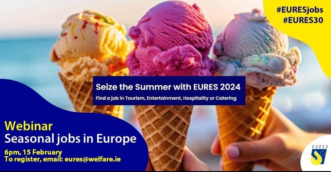 Would you like to work in Europe over the summer season 2024?  Jobs in Tourism, Entertainment and Hospitality across 13 🇪🇺 countries. 
Join the  ‘Summer Jobs in Europe webinar’ on 15th Feb @ 6pm
To register 👉email: eures@welfare.ie #EURESjobs #EURES30 
<a href="/DKITSU/">DkIT Students' Union</a> <a href="/EurodeskIreland/">Eurodesk Ireland</a>